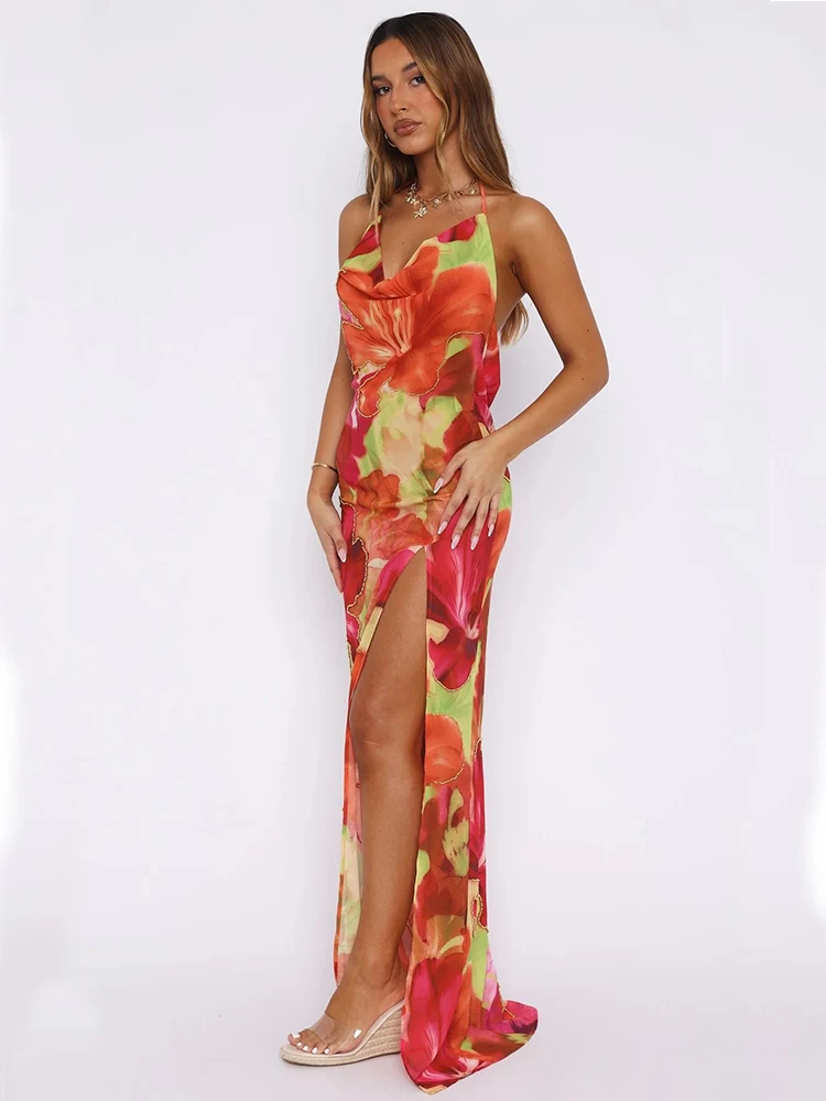 2025 estampado Patchwork Split Sexy mujer vestido con espalda abierta Slip sin tirantes elegante noche Midi vestido de fiesta largo ajustado