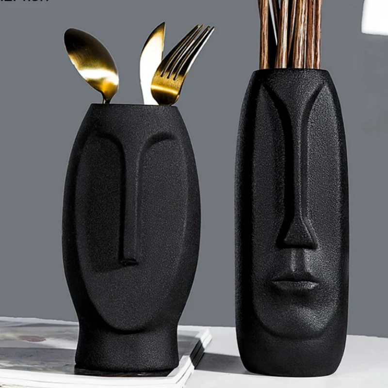 Ceramic Chopsticks Holder with Drain Rack - Human Face Design, Organizer for Cutlery, Doubles as Pen Holder, Elegant Kitchen Orn