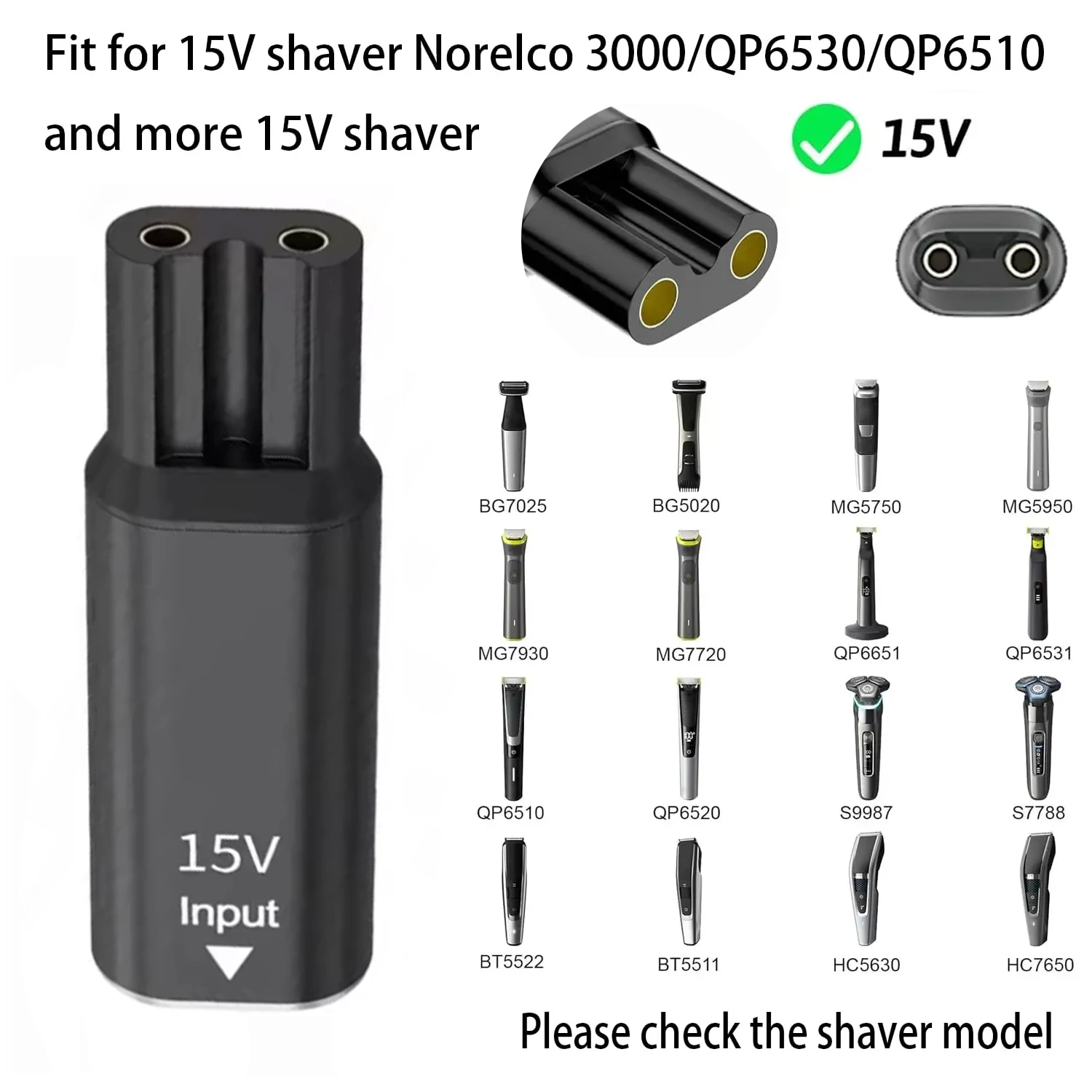 KVIFO 15V HQ8505 Type-C Shaver Adapter Charging Converter for Philips Norelco One Blade Pro QP6510 QP6520 QP6530 Beard Trimmer