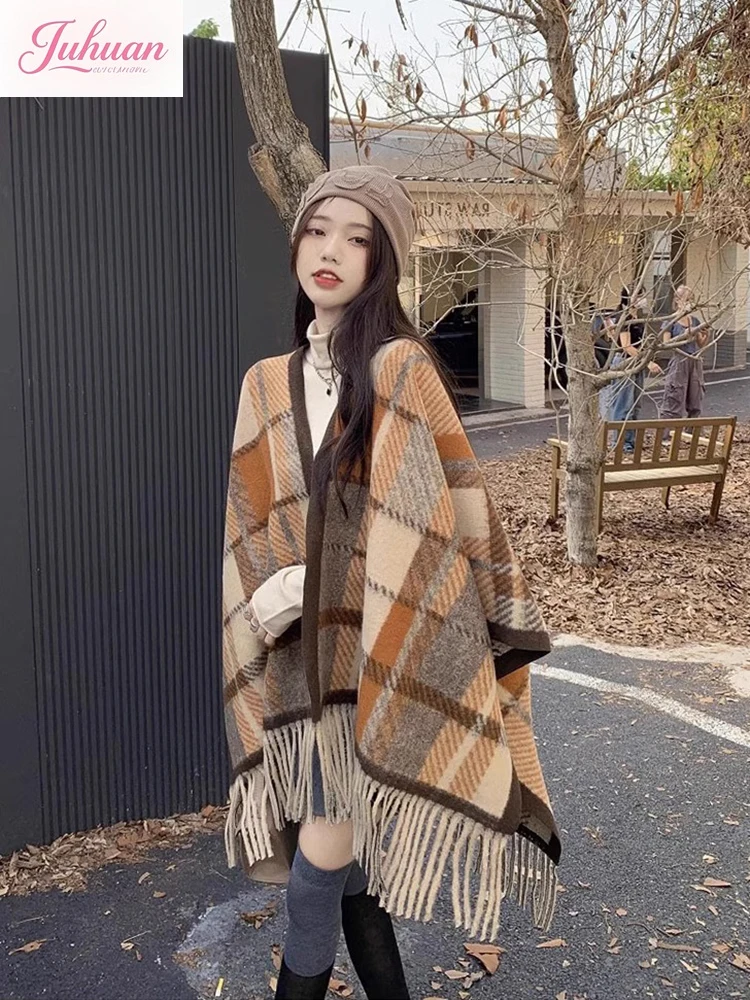 

Japanese Imitation Cashmere Fringed Thickened Warm Scarf Plaid Shawl Outer Wear Winter Soft and Comfortable Cape Thick Cape