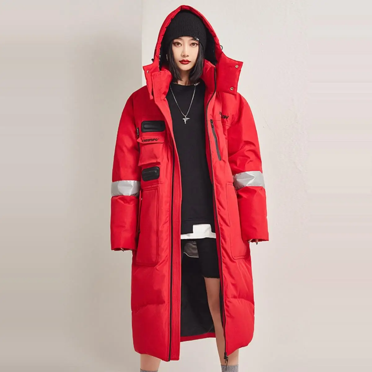 

ex Thiened Hooded down Jaet Couple Matching Long Sle Winter Coat Men's Women's Faionable White Du Feather
