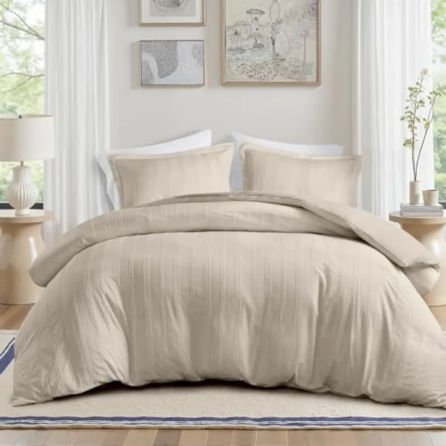 

Striped Duvet Cover Set Modern Minimalist Bedding Set with Premium Jacquard Stripe 3 Pieces Duvet Cover Reversible with Zipper