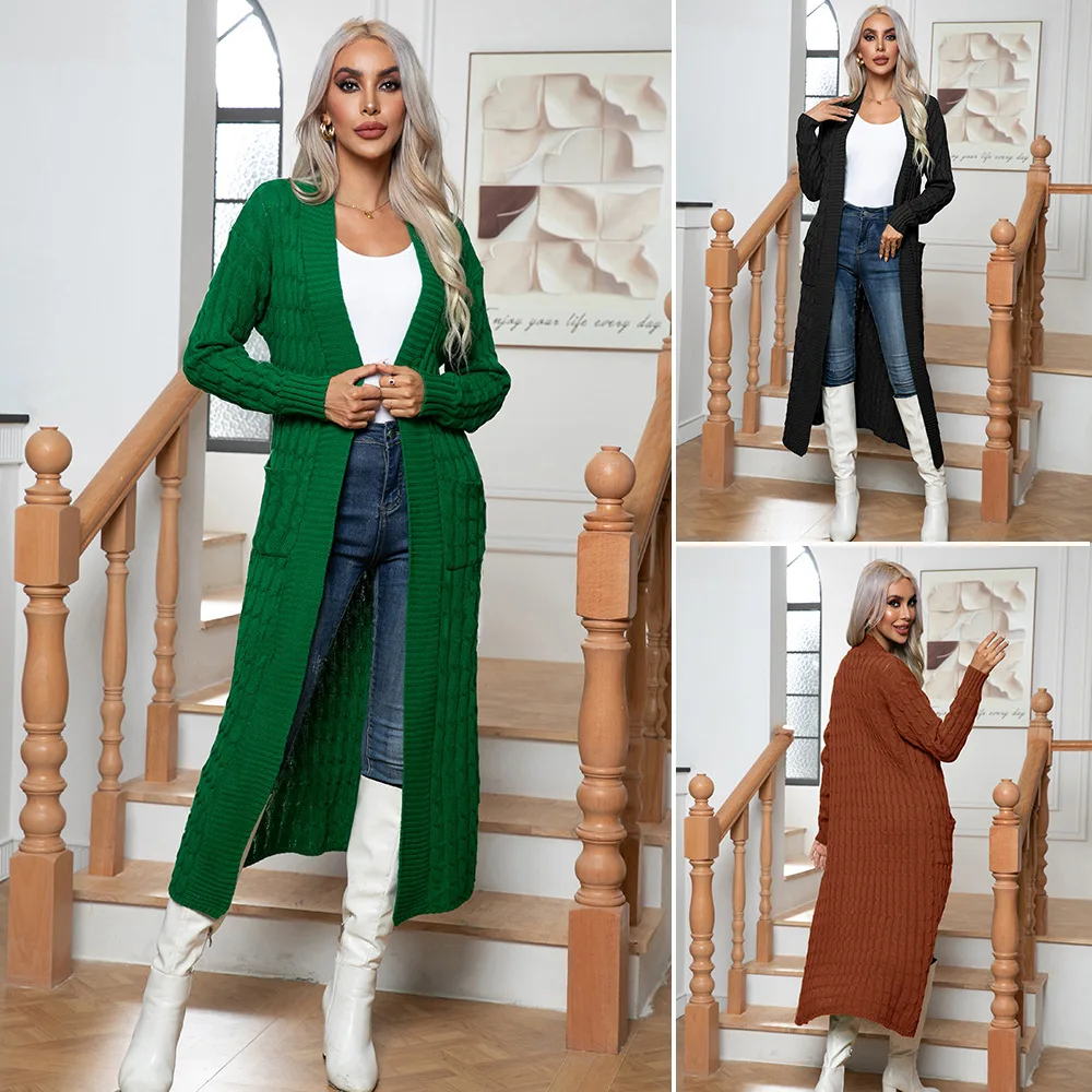 

Fried Dough Twists Pocket Lengthened Knitting Cardigan Sweater Women In Autumn Winter Roupas Femininas Elegantes Свитера Женские
