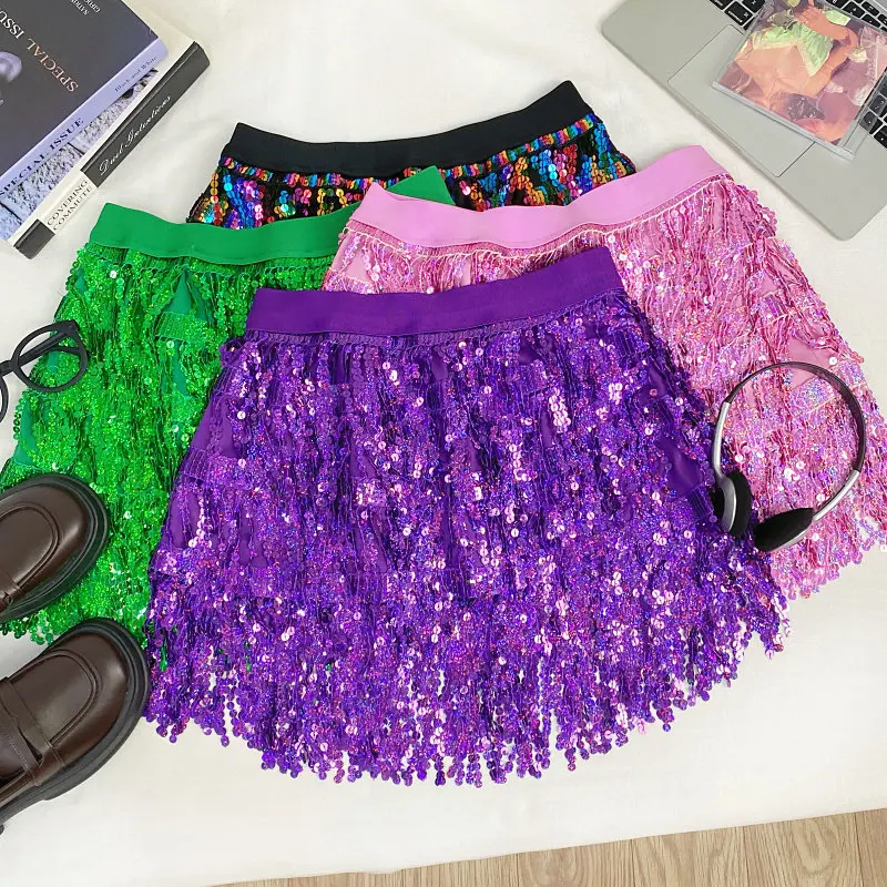 

Women's Purple Sequins Tassel Skirt 2000s Vintage Harajuku Gyaru Skirts Korean Style Y2k High Waist A-line Short Skirts Summer