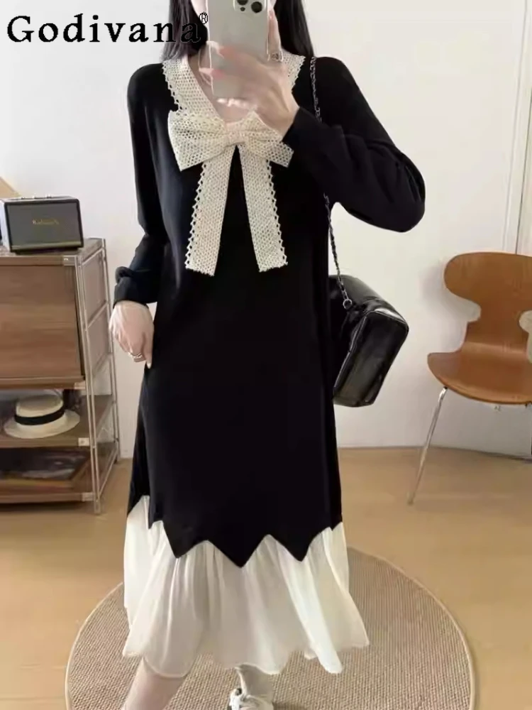 

Осеннее французское платье большого размера с v-образным вырезом контрастного цвета и длинными рукавами, женское свободное черное платье из двух частей с милым бантом