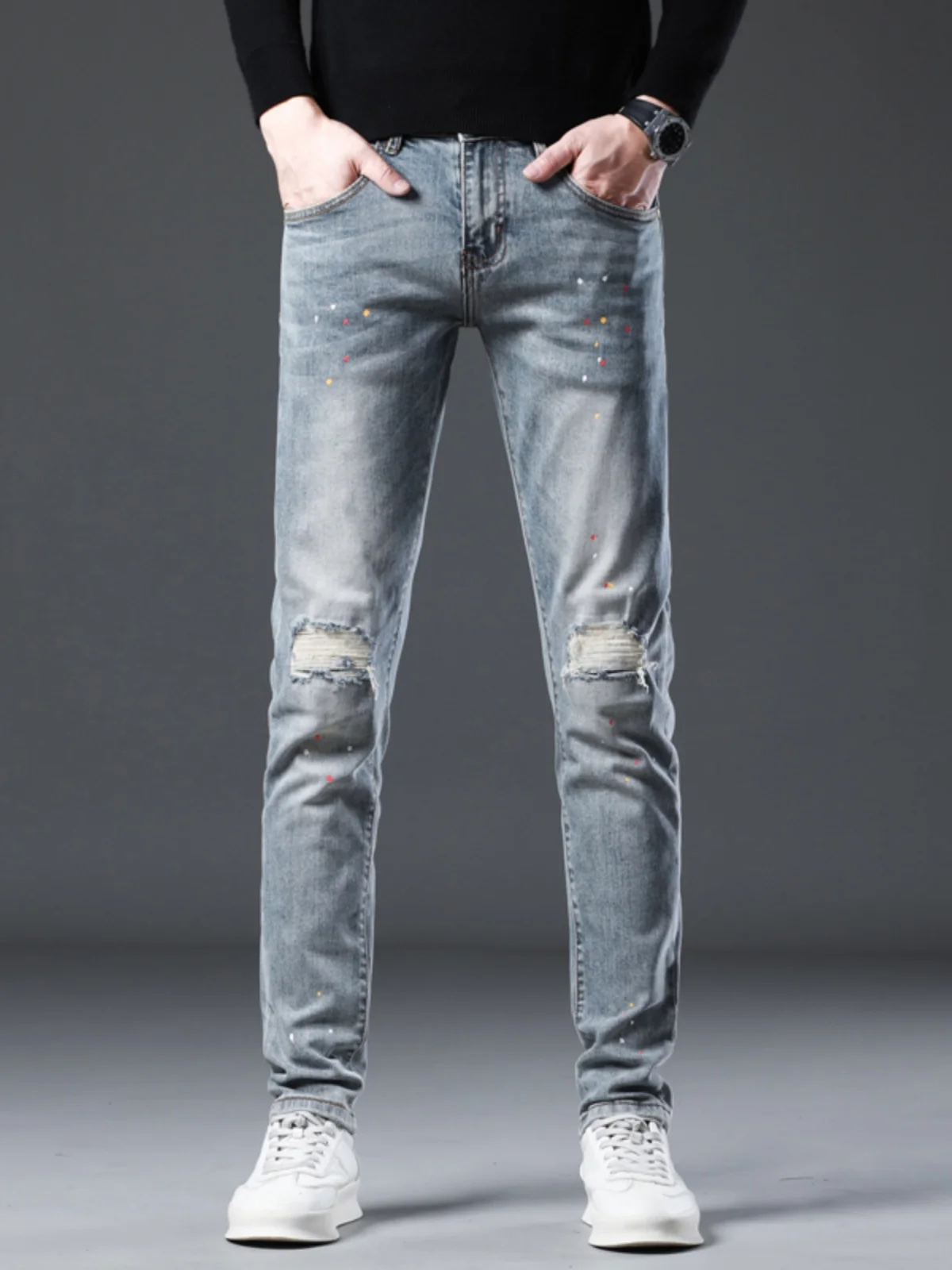 

High-End Men's Distred Denim Jeans Spring Autumn Casual Small Straight Leg Elastic Wear Resistant Slim Fit Long Pants