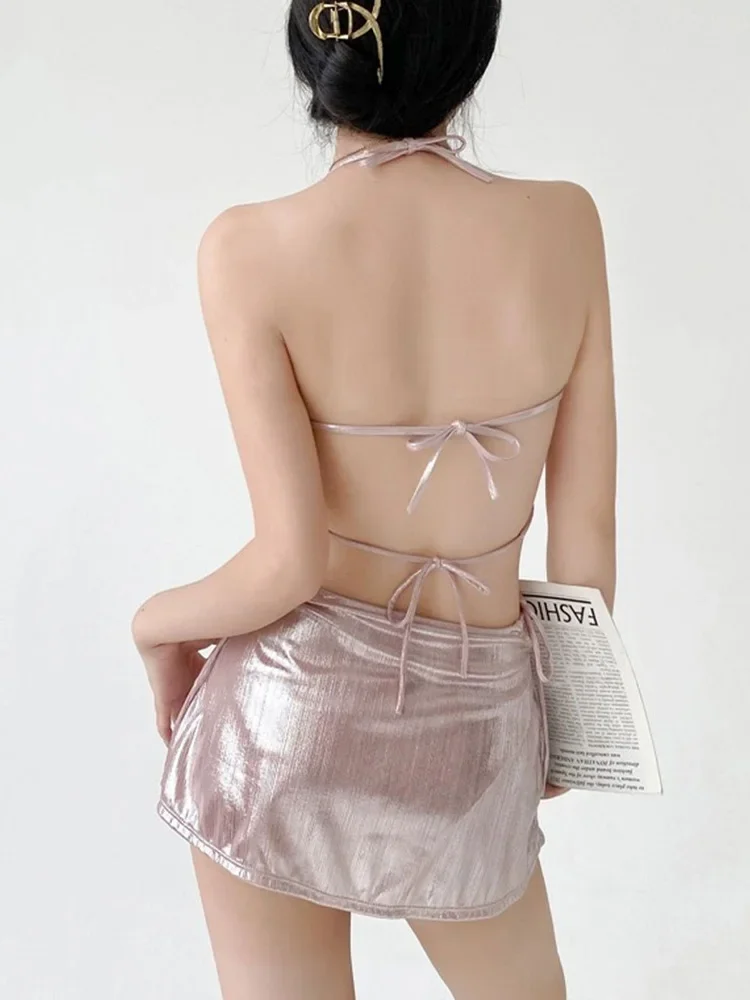 UETEEY, Bikini Sexy con cordones, minifalda, conjunto de 3 piezas para mujer, Bikinis lisos divididos para vacaciones en la playa, nuevo traje de baño de verano 2025, conjunto de Bikinis