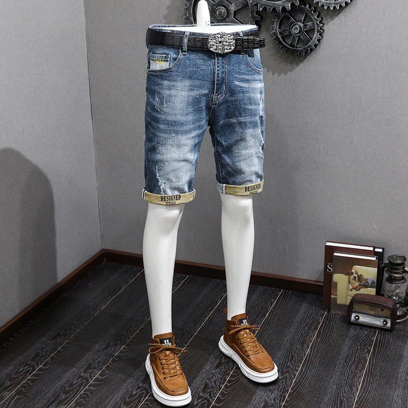 2024New Fashion Nostalgic Ripped Denim Shorts Men's Trendy Summer Slim Fit StretchinsTrendy Cropped Pants