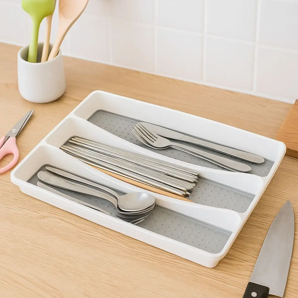 3 Compartments Utensil Organizer Tray Space-Saving Household Kitchen Drawer Organizer Non-Slip Cutlery Storage Box