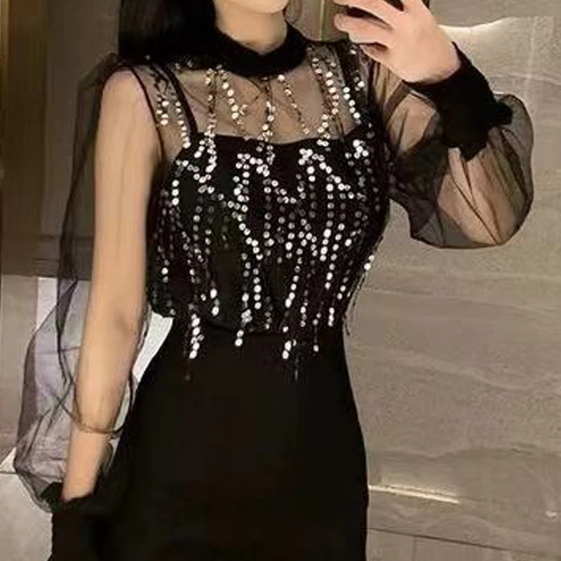 Women Clothing Sexy See Through Transparent Mesh Sequins Long Sleeve T-shirt Black Slim Spaghetti Strap Clubwear Tank Tops Sets