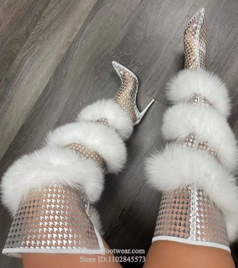 Black/White Fur Warp Sexy Over Knee High Boots Pointed Toe Leather Zip High Heels Thigh High Boot Big Size Women's Party Shoes