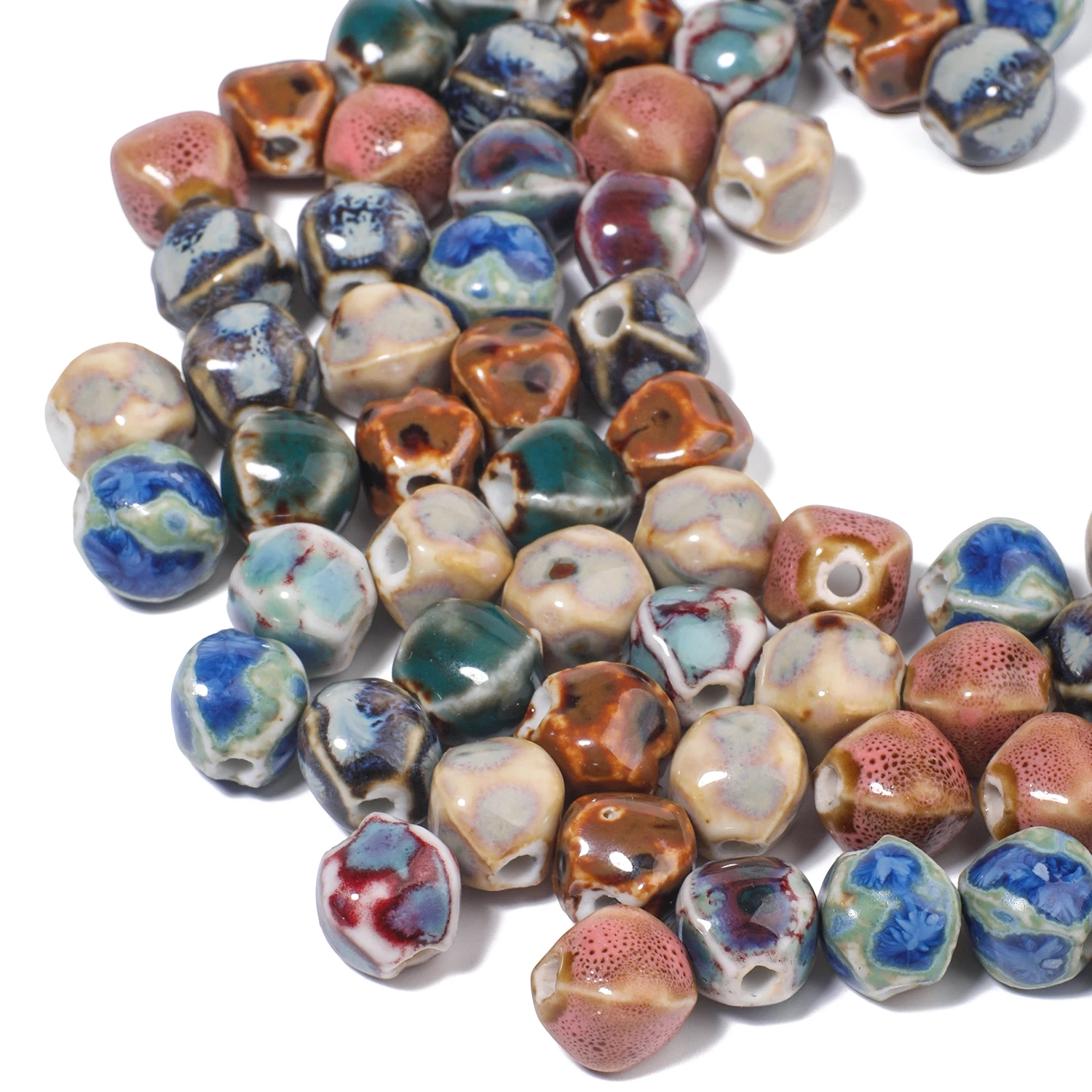 10mm Irregular Polyhedral Shape Ceramic Beads Colorful Gradient Color Floral Glazed Porcelain Beads for DIY Pendant Necklace