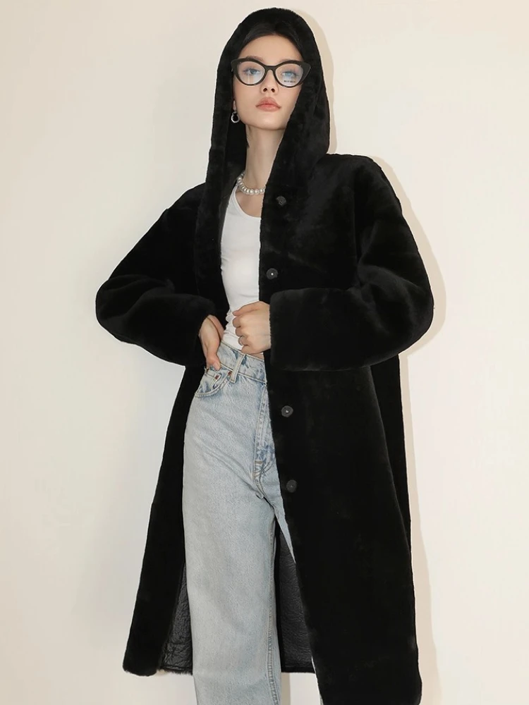 

High-end Luxury Merino Sheep Fur Long Hooded Jackets for Women 2026 New Simple Winter Genuine Leather Real Fur Shearling Coat