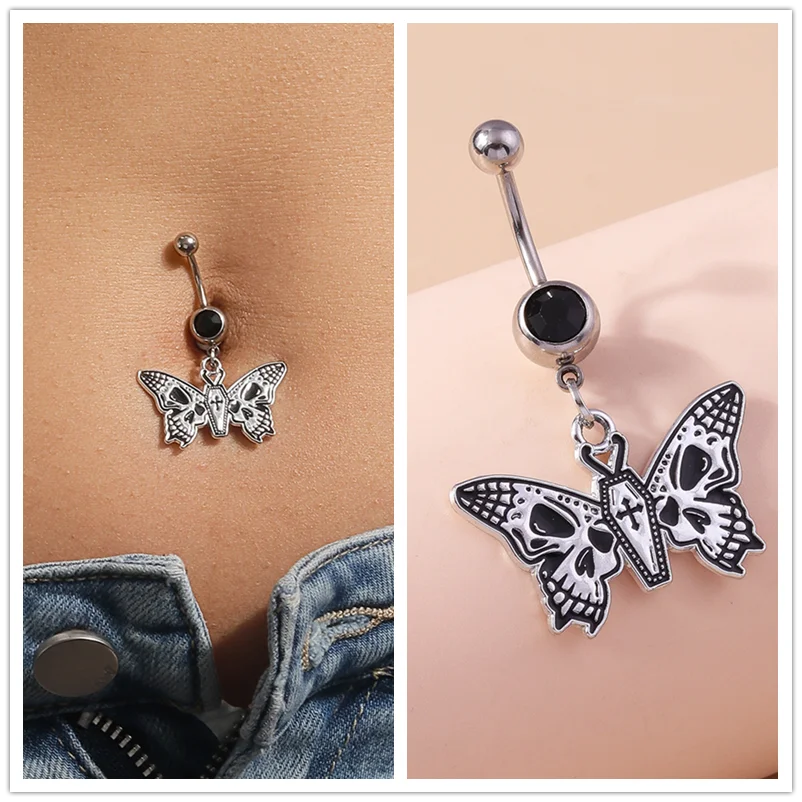 Death Moth Nabelring Chirurgenstahl Gothic Sarg Totenkopf Schmetterling Halloween Bauchnabelring Piercing Ombligo Körperschmuck – Detail 1