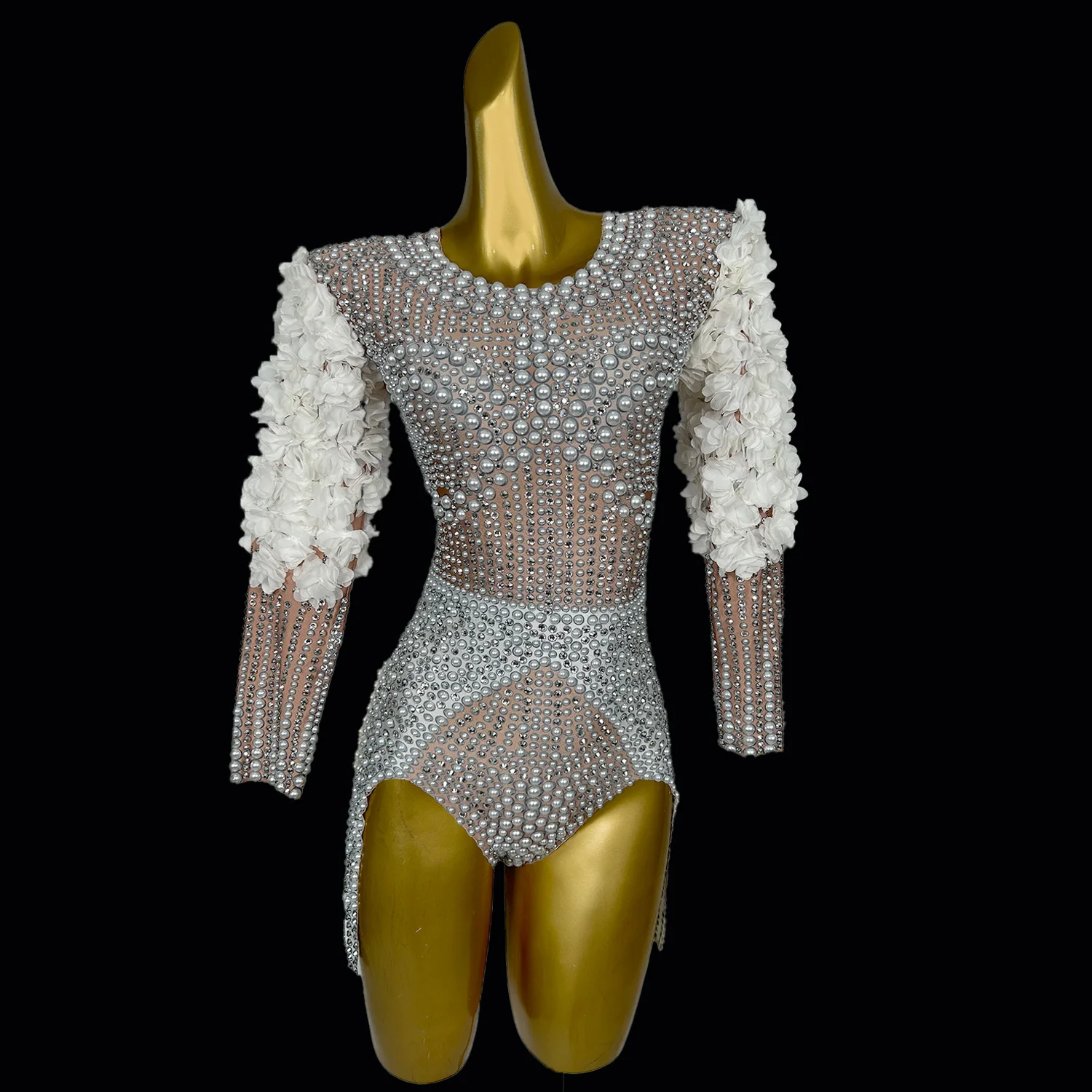 

Sparkly Rhinestone Pearls Sexy Long sleeved Bodysuit Showgirl Leotard Luxurious Bodysuit for Women Birthday Party Stage Outfit