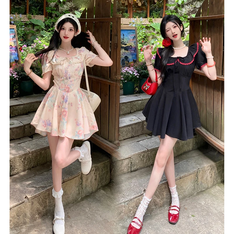 

plus Size Floral Print A-Line Dress Women's Summer Short Sleeve High Waist Slimming Skirt Korean Style Commute Bubble Sleeve
