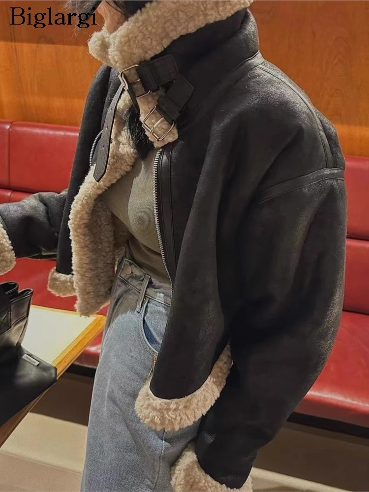 

Autumn Winter Lambswool Patchwork Leather Coat Women Loose Casual Fashion Ladies Cropped Jackets Korean Style Woman Coats