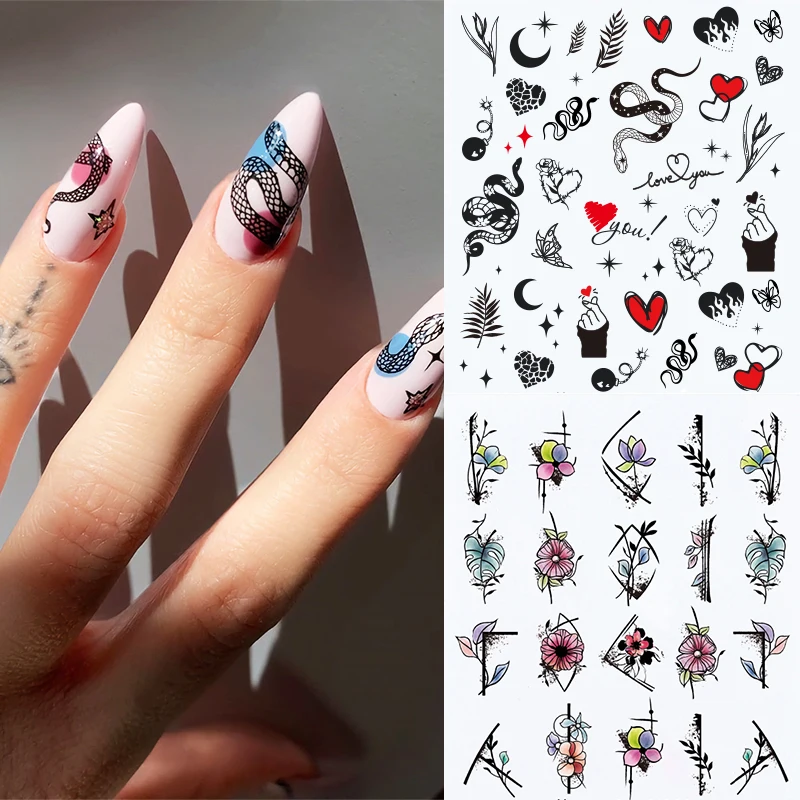 Harunouta Abstract Flower Face Nail Water Decals Concise People Image Design Transfer Sliders Geometric Lines Nail Art Watermark