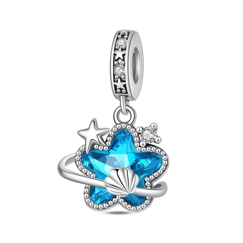 New Arrival 925 Sterling Silver Blue Starfish Crystal Charms Pendant Fit Original Bracelet DIY Women Birthday Jewelry