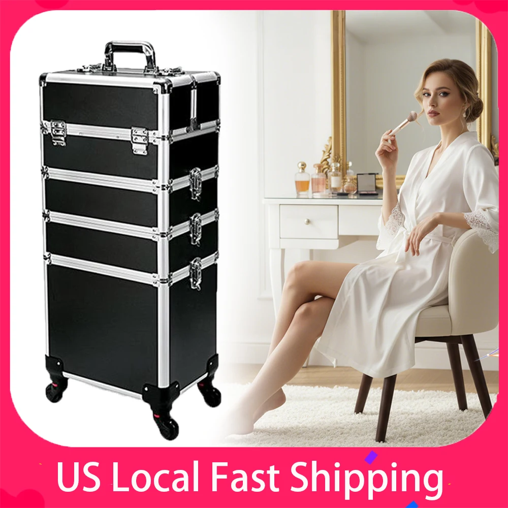 Makeup Trolley Case Detachable 4 in 1 Professional Makeup Train Case Large Capacity Aluminum Rolling Cosmetic Case On Wheels