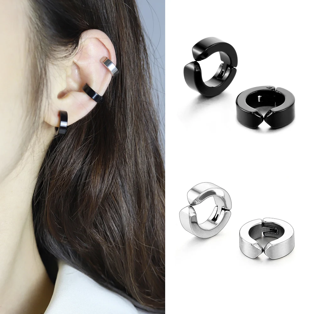 2pcs/3pcs Stainless Steel Non-Piercing Triangle/Square/Round Clip On Ear Stud Cuff Earrings Set For Men Women Unisex