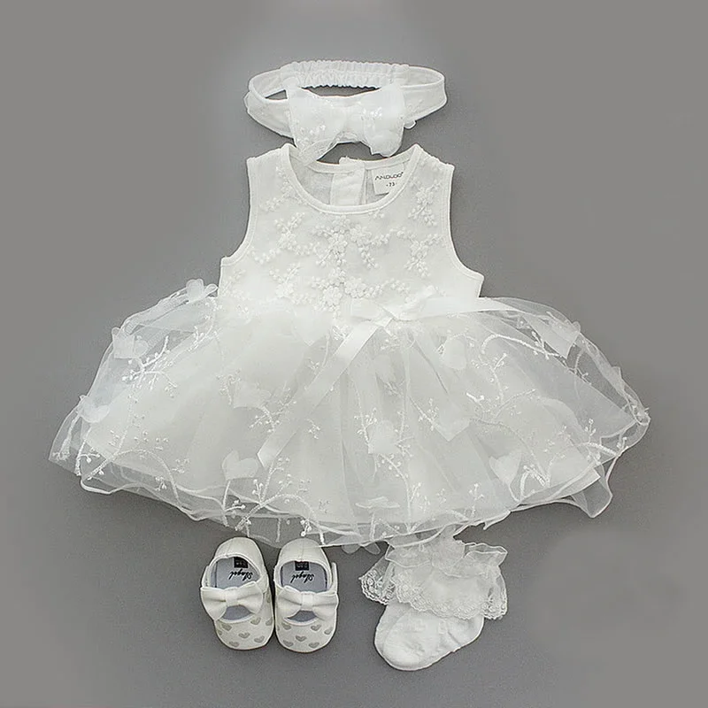 4Pcs Baby Summer Dress Set for Infant Girls Christening Baptism Gown Wedding Party Outfits, 0-9 Months