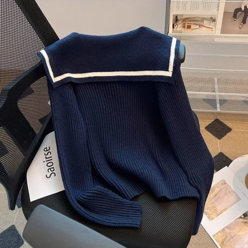 여성 봄 가을 프레피 스타일 스웨터 카디건 2025 신사 숙녀 패션 선원 칼라 니트 코트 긴 소매 니트 여성