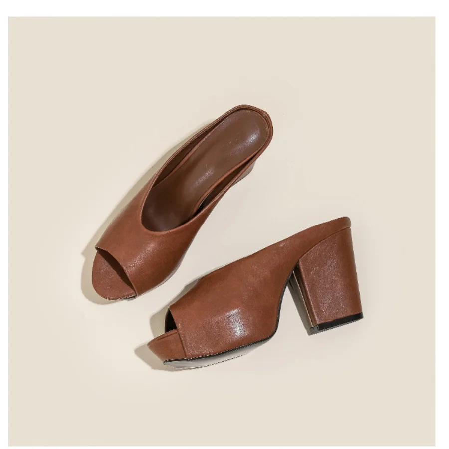 

Women Leather Peep Toe Platform Block Heel Mules V-Cut Slip On Chunky High Heel Summer Casual Office Outdoor Slippers