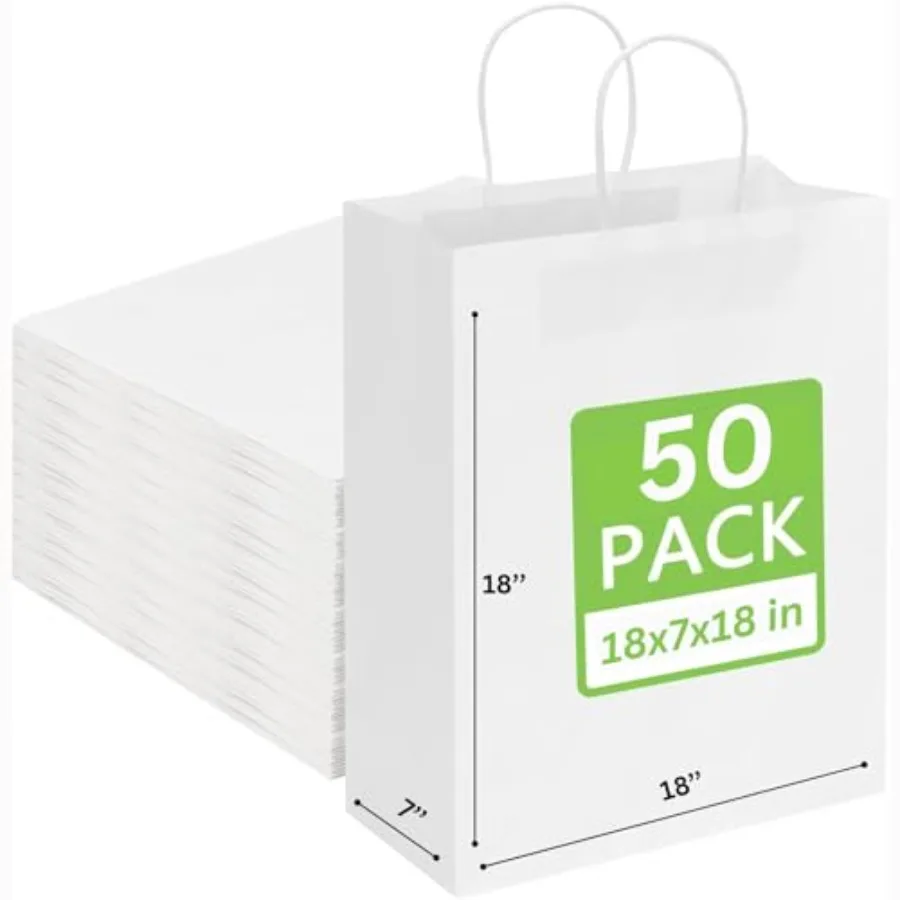 

Large Paper Bags with Handles 18x7x18 Inch [50 Pcs] Ideal for Takeout, Grocery, Goody, Retail, Party, Gifts, Weddgs - Recyclabl