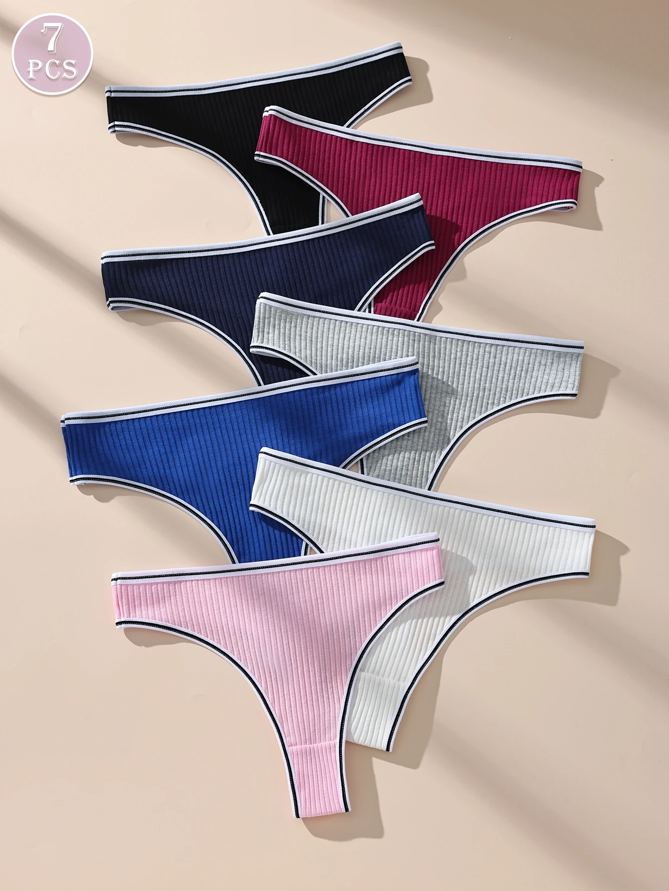 Hotcom 7Pcs Ribbed Cotton Bikini Thongs for Women Letter Print Seamless Comfortable Breathable Underwear Panties