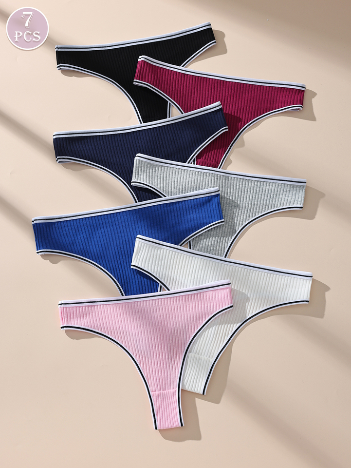  Hotcom 7Pcs Ribbed Cotton Bikini Thongs for Women Letter Print Seamless Comfortable Breathable Underwear Panties 