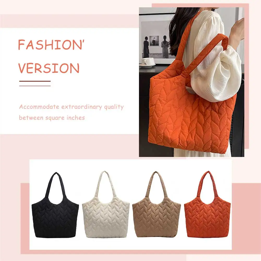

Quilted Ladies Shopper Bag Embroidery Thread Commute Bag Large Capacity Fashion Nylon Elegant Cotton-Padded for Weekend Vacation