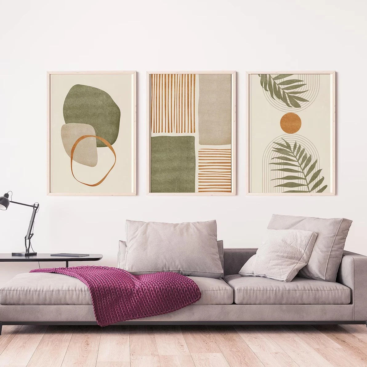 3PCS Boho Abstract Leaf Canvas Wall Art, Neutral Green Geometric Shapes Print, Mid Century Living Room Decor
