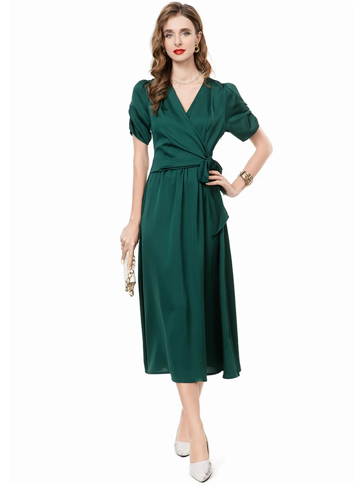 DLDENGHAN Vintage jurk met veters voor dames V-hals met korte mouwen Effen kleur Feestjurken Mode Zomer Dames