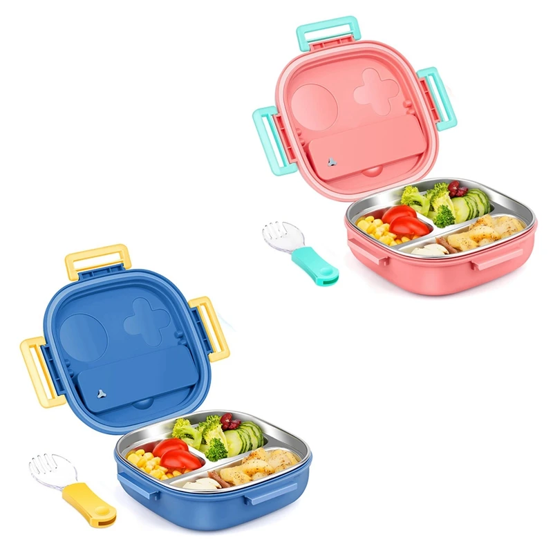 Leak-Proof Stainless Steel Kid Bento Box 3-Compartment Lunch Box With Cutlery For Ages 1 To 3 Pink