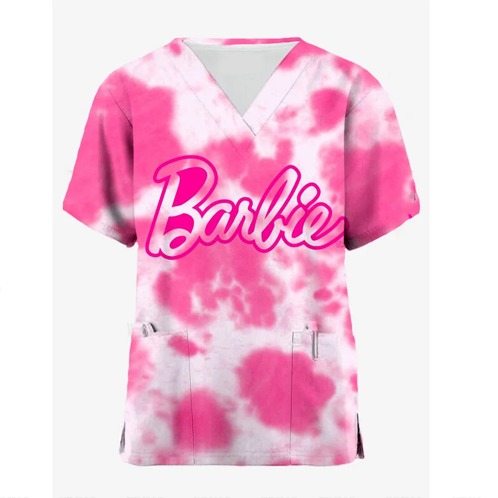 Disney Barbie Princess Print Care Matte T-shirt, Casual top, Short sleeved, V-neck pocket, women's Uniform