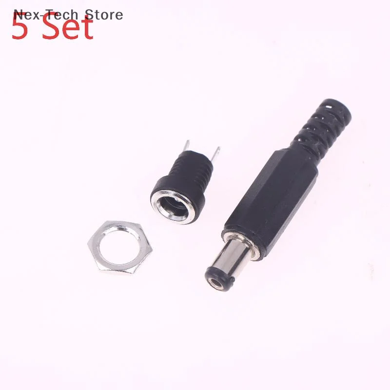 5Pairs Black Male Plugs DC Power Socket Female Jack Screw Nut Panel Mount Connector DC 12V Plastic 5.5 X 2.1mm