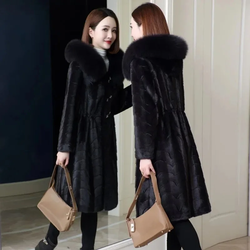 Abrigo de piel de visón con capucha para mujer, piel de cordero con imitación de abrigo de lana, corte de oveja, marrón, Vintage, invierno, 2023