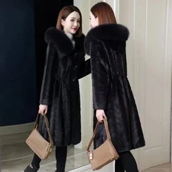Fashion Mink Fur Coat Women's Whole Hooded Outwear Female2023 Winter Lamb Fur Imitation Mink Sheep Cut Fleece Coat Brown Vintage