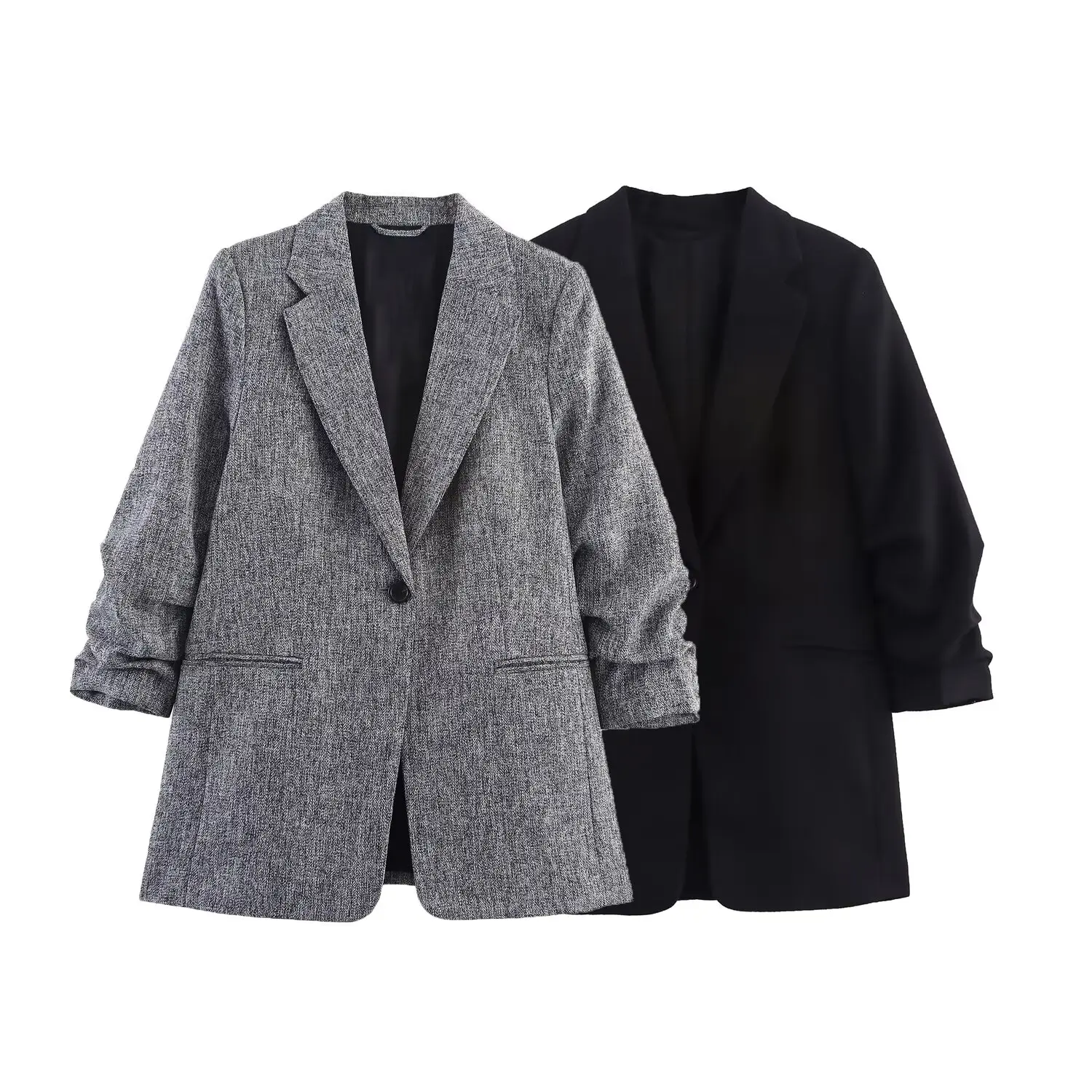 

Women's 2025 new fashion pleated sleeve design loose versatile suit jacket retro lapel Button-up women's Coat chic top
