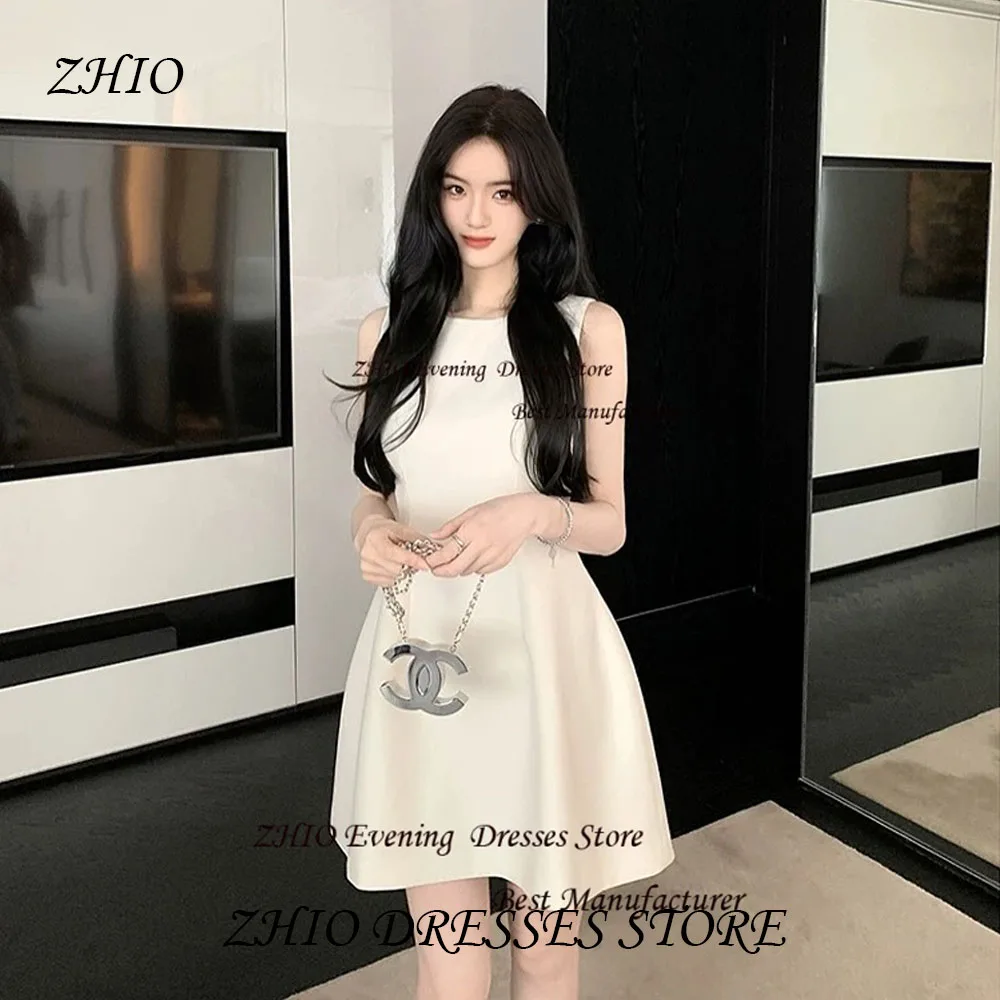 ZHIO Ivory Simple Satin Boat Neck Mini Length Korean Style Evening Gown Dress Strapless Sleeveless Short Prom Cocktail Dress