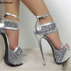 Ronticool Handmade Women Summer Sandals Glittter Stiletto Heels Peep Toe Gorgeous Gold Silver Shoes Ladies US Plus Size 5-20