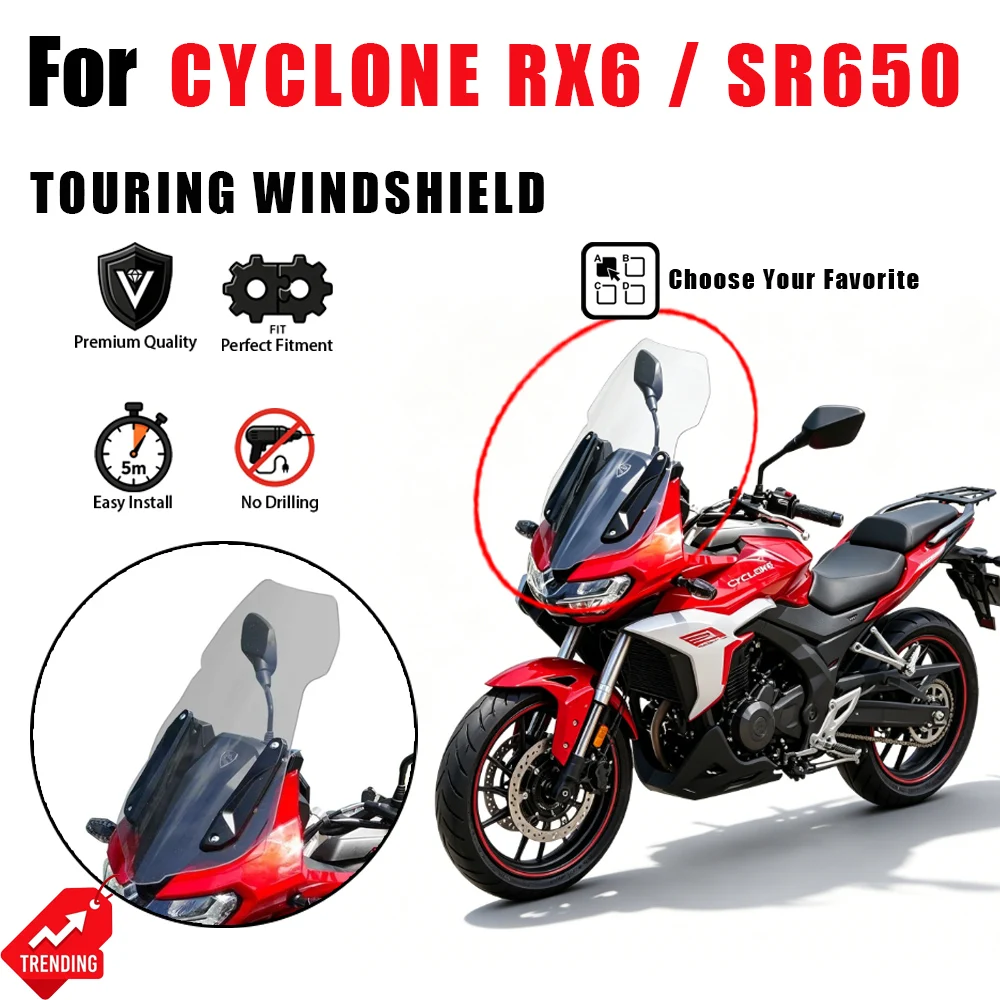For CYCLONE RX6 SR650 Motorcycle Windshield Heightened Windscreen Transparent Wind Deflector Rain Shield Modified Accessories