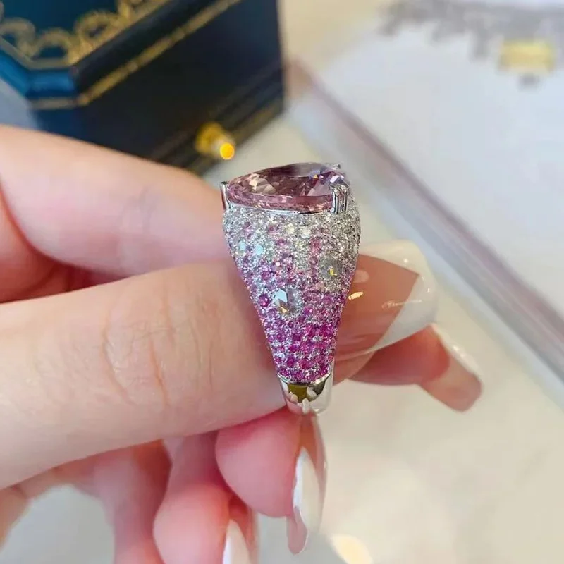 2023 Big Pink Crystal LOVE Heart Open Ring for Women Stamp Wedding Luxury Vintage Silver Color Aesthetic Jewelry Accessories