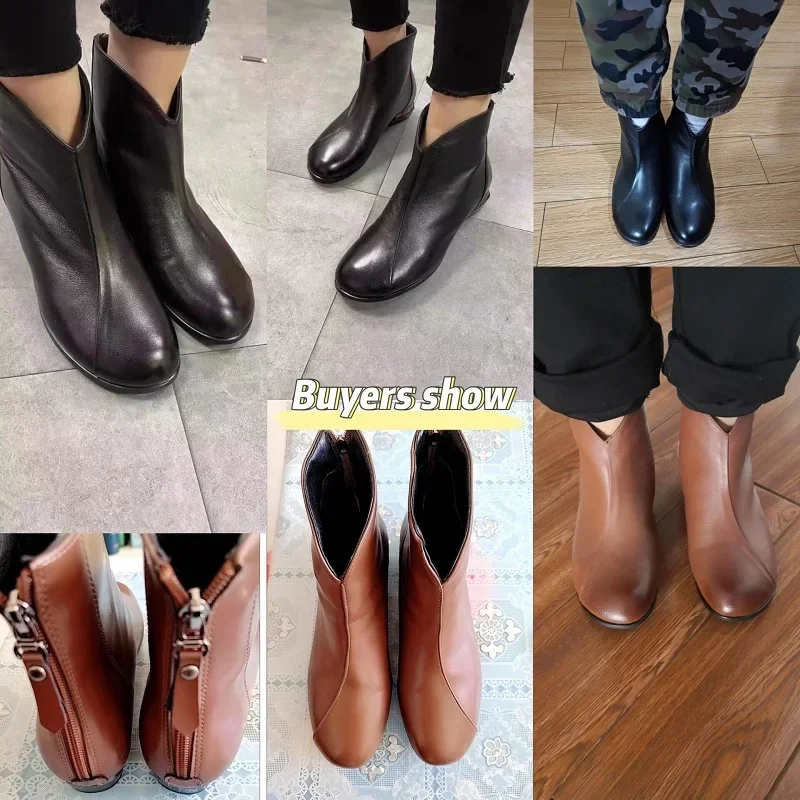 2024 Winter Vintage Brown Leather Boots Woman Wedge Booties Fashion Butterfly-knot Retro Shoes Ladies Zip Platform Boot Female