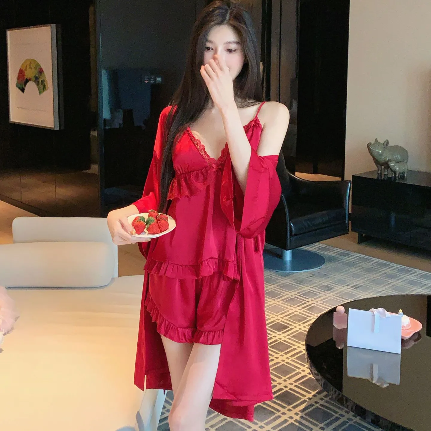 

Female Long Robe Ruffles Sling Shorts Pajamas Set Kimono Bathrobe Spring Summer Pijamas Homewear Sexy Loungewear Pyjama Femme