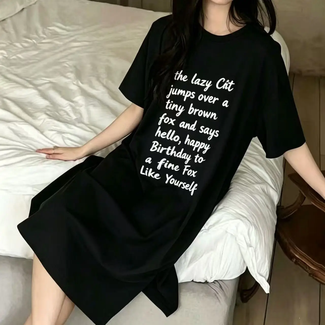 Loose Mid-Length T-Shirt Skirt with Slits Short Sleeve Korean Style Casual Home Wear for Young Women Summer Season