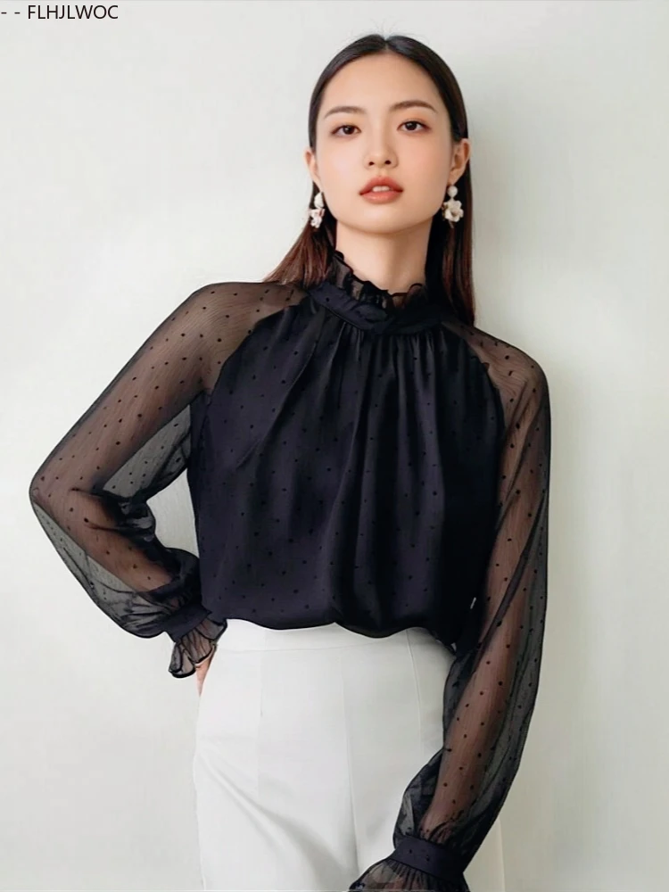 

Black Sheer Mesh Korea Chic Tops Blusas Office Lady Elegant Thin Sexy Transparent Basics Shirts FLHJLWOC Fashion Women Blouses