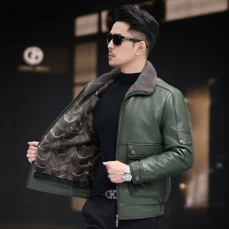 Tcyeek طبقة علوية من جلد البقر سترة جلدية أصلية معطف فرو منك حقيقي ملابس شتوية للرجال معاطف رجالية غير رسمية للأعمال