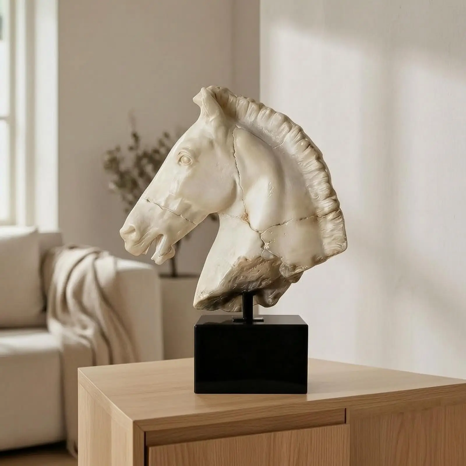 Resin Horse Statue Abstract Art Piece Crackled White Finish Animal Sculpture for Bookshelf Living Room Elegant Decor